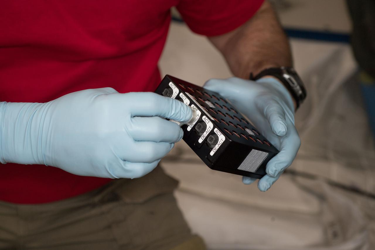 iss055e010753 (4/5/2018) --- Photographic documentation of CASIS Protein Crystal Growth (PCG) -11 hardware during CS-DCB-Unpack2 activity aboard the International Space Station (ISS). Neutron Crystallographic Studies of Human Acetylcholinesterase for the Design of Accelerated Reactivators (CASIS PCG 11) produces acetylcholinesterase crystals, a neurotransmitter enzyme. Crystals grown in microgravity are larger, of higher-quality and can be used for a technique called macromolecular neutron crystallography (MNC) to locate hydrogen atoms in the crystal’s structure.