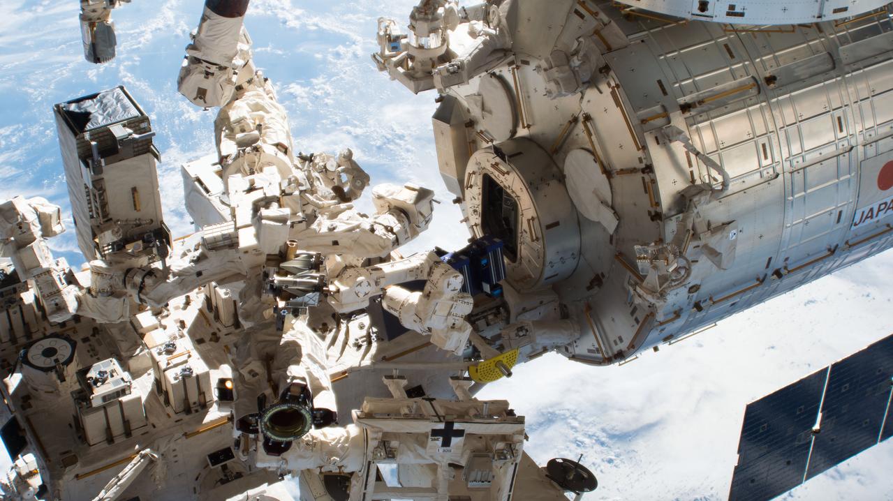 iss055e024241 (4/16/2018) ---  View of the Japanese Experiment Module (JEM) Exposed Facility (EF) and the Materials ISS Experiment Flight Facility (MISSE-FF) as it exits the JEM airlock. The MISSE-FF platform provides the ability to test materials, coatings, and components or other larger experiments in the harsh environment of space, which is virtually impossible to do collectively on Earth.
