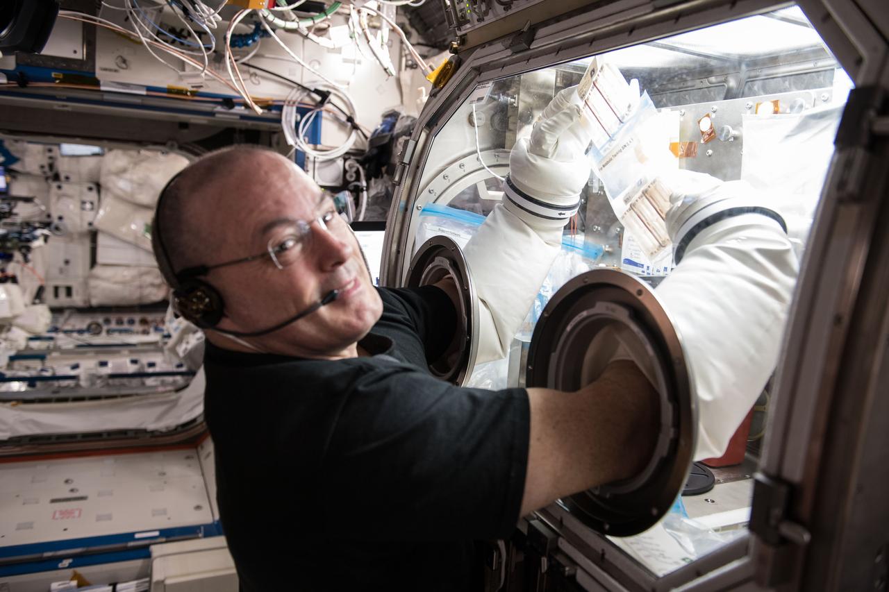 iss055e035338 (April 13, 2018) --- NASA astronaut Scott Tingle performs research operations with the Microgravity Sciences Glovebox inside the U.S. Destiny laboratory module. Tingle was working on the Metabolic Tracking experiment that looks at a particular type of medicine and how it interacts with human tissue cultures. Results could improve therapies in space and lead to better, cheaper drugs on Earth.