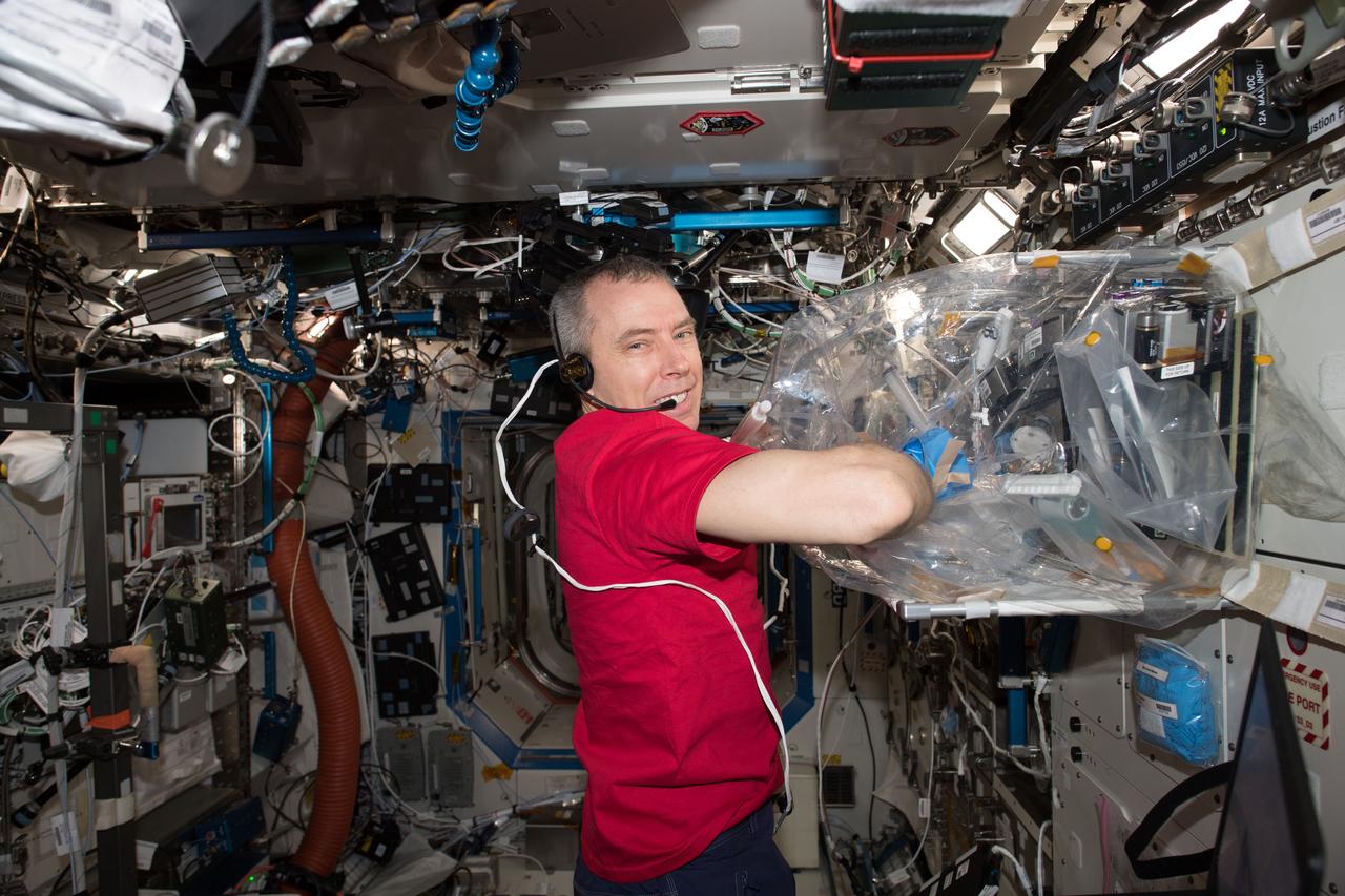 iss055e036790 (April 30, 2018) --- NASA astronaut Drew Feustel conducts science operations inside the Multi-use Variable-g Platform Module which enables research into how small organisms such as fruit flies, flatworms, plants, fish, cells, protein crystals and many others adapt to different types of gravity scenarios.