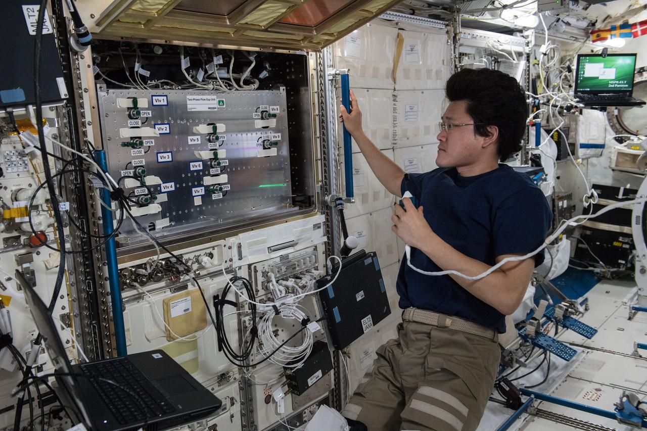 iss055e098144 (3/15/2018) --- Japan Aerospace Exploration Agency (JAXA) astronaut Norishige Kanai is shown in the Japanese Experiment Module (JEM) aboard the International Space Station (ISS), working with the Multi-purpose Small Payload Rack (MSPR) Two-Phase Flow (TPF) Experiment. The Interfacial behaviors and Heat transfer characteristics in Boiling Two-Phase Flow (Two-Phase Flow) investigation helps to provide better fundamental understanding on the behavior of liquid-vapor flow, and the mechanism of heat transfer under microgravity.