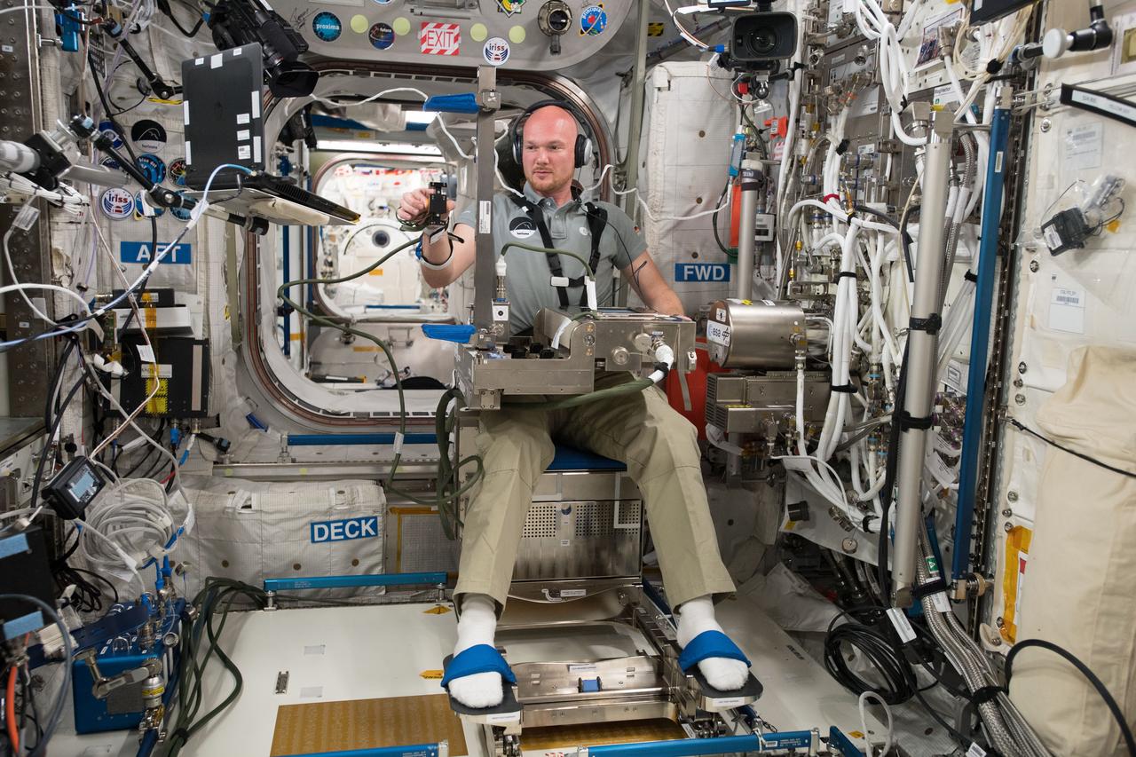 iss056e009782 (June 11, 2018) --- Expedition 56 Flight Engineer Alexander Gerst of the European Space Agency (ESA) is seated in the Columbus laboratory module participating in the Grip study. Grip is an ESA-sponsored experiment that is researching how the nervous system adapts to microgravity. Observations may improve the design of safer space habitats and help patients on Earth with neurological diseases.