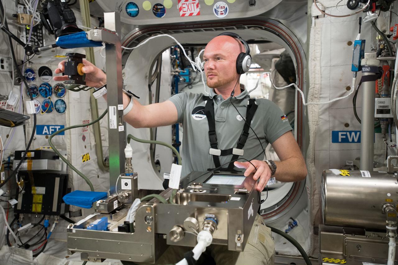 iss056e009784 (June 11, 2018) --- Expedition 56 Flight Engineer Alexander Gerst of the European Space Agency (ESA) is seated in the Columbus laboratory module participating in the Grip study. Grip is an ESA-sponsored experiment that is researching how the nervous system adapts to microgravity. Observations may improve the design of safer space habitats and help patients on Earth with neurological diseases.
