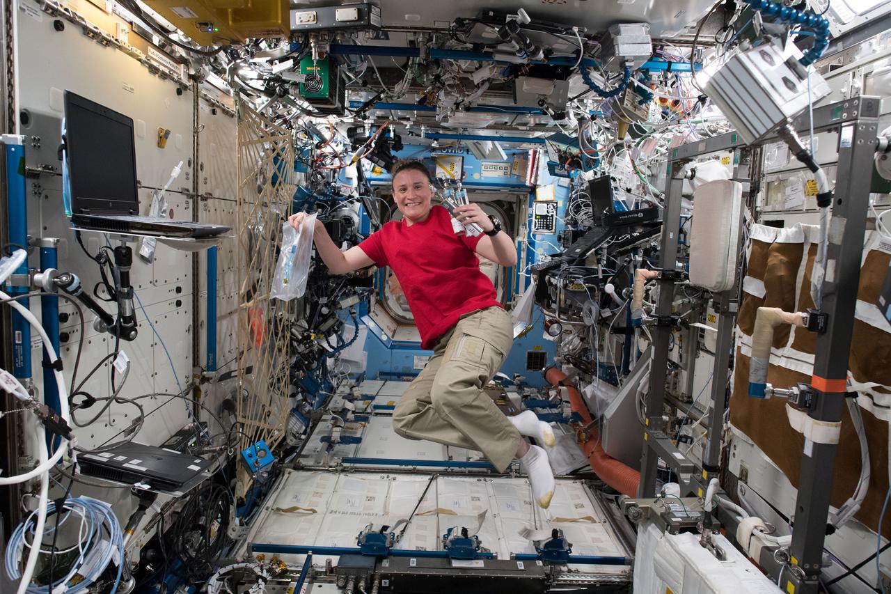 iss056e009809 (June 11, 2018) --- Expedition 56 Flight Engineer Serena Auñón-Chancellor of NASA is pictured in the Destiny laboratory module with gear from the Marrow investigation. She was collecting breath samples to analyze and measure red blood cell function to help doctors understand how blood cell production is altered in microgravity. Results may improve the health of astronauts on long-term missions and help patients on Earth with mobility and aging issues.