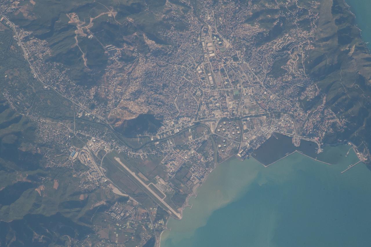 iss056e014254 (June 16, 2018) --- The Mediterranean port city of Béjaïa and its airport in the African country of Algeria are pictured from the International Space Station by an Expedition 56 crew member.