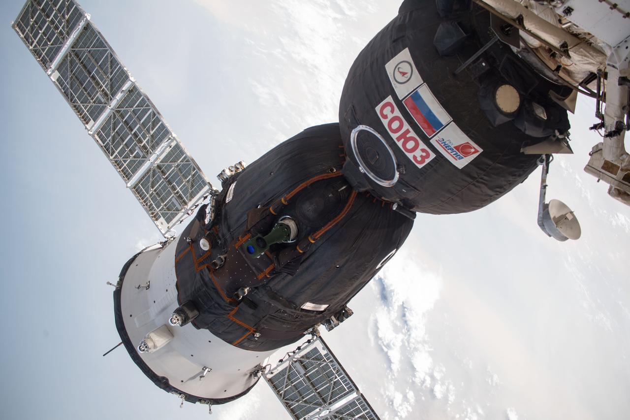 iss056e055758 (June 29, 2018) --- The Soyuz MS-09 spacecraft is pictured docked to the Rassvet module of the International Space Station's Russian segment. The Soyuz MS-09 launched Expedition 56-57 crew members Serena Auñón-Chancellor, Alexander Gerst and Sergey Prokopyev to the station on June 6, 2018 and docked on June 8.