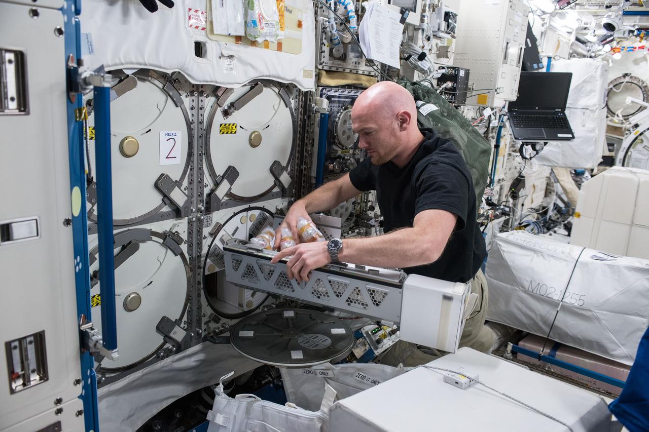 iss056e075950 (July 3, 2018) --- Astronaut Alexander Gerst of ESA (European Space Agency) works inside the Japanese Kibo laboratory module retrieving Protein Crystal Growth samples from a science freezer, also known as the Minus Eighty-Degree Laboratory Freezer for ISS (MELFI).