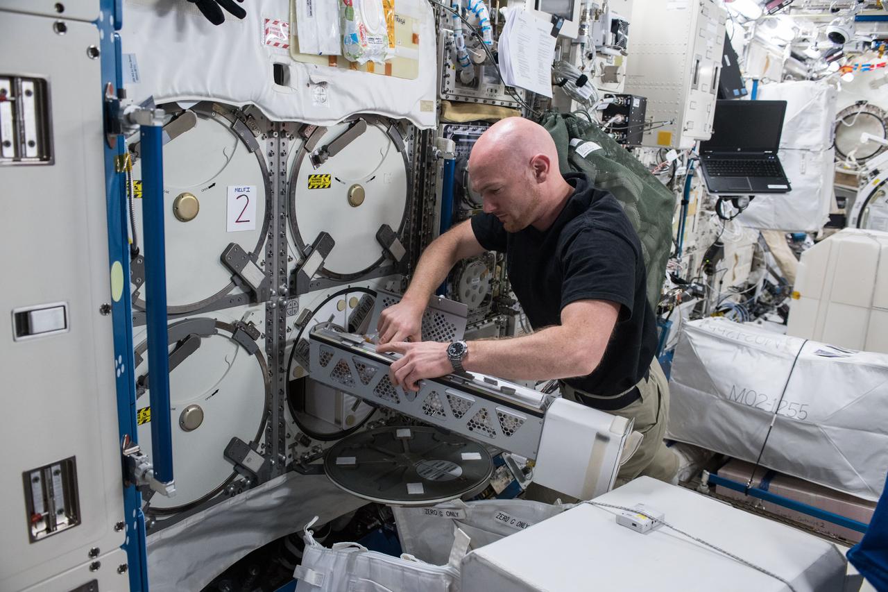 iss056e075951 (July 3, 2018) --- Astronaut Alexander Gerst of ESA (European Space Agency) works inside the Japanese Kibo laboratory module retrieving Protein Crystal Growth samples from a science freezer, also known as the Minus Eighty-Degree Laboratory Freezer for ISS (MELFI).