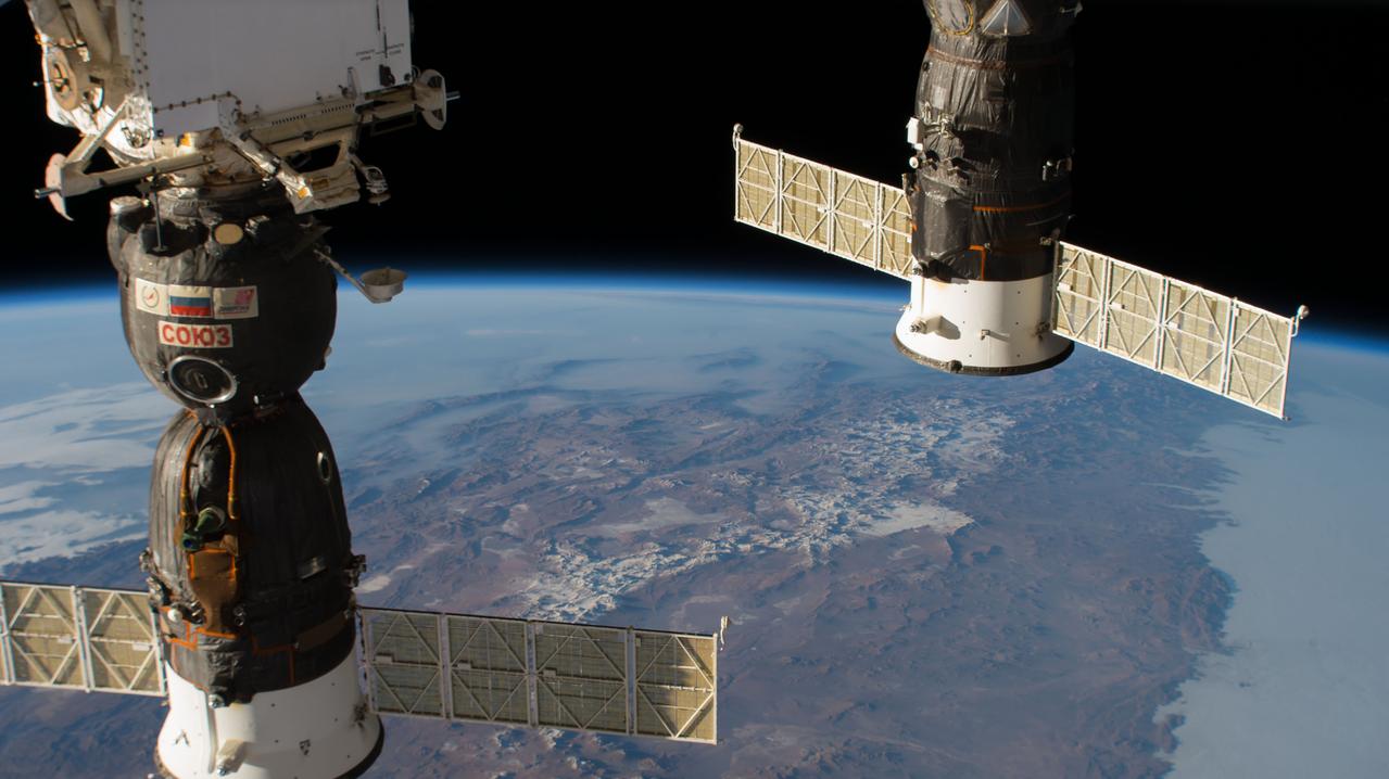 iss056e139451 (Aug. 15, 2018) --- Two docked Russian spacecraft on the International Space Station, the Soyuz MS-09 crew ship and the Progress 70 resupply ship, were pictured as the orbital complex flew 253 miles above the Andes mountain range and the South American continent.