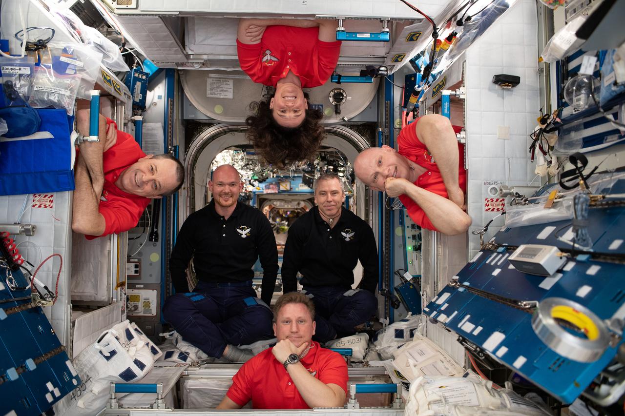 iss056e157121 (Aug. 25, 2018) --- The Expedition 56 crew members pose for a fun portrait in the International Space Station's Harmony module. Clockwise from top are Expedition 56 Flight Engineers Serena Auñón-Chancellor, Oleg Artemyev, Sergey Prokopyev and Ricky Arnold. Auñón-Chancellor and Arnold represent NASA while Artemyev and Prokopyev represent Roscosmos. In the center, from left, are ESA (European Space Agency) astronaut Alexander Gerst and Expedition 56 Commander Drew Feustel of NASA. Gerst will become commander of Expedition 57 when Feustel, Arnold and Artemyev depart the space station in October.