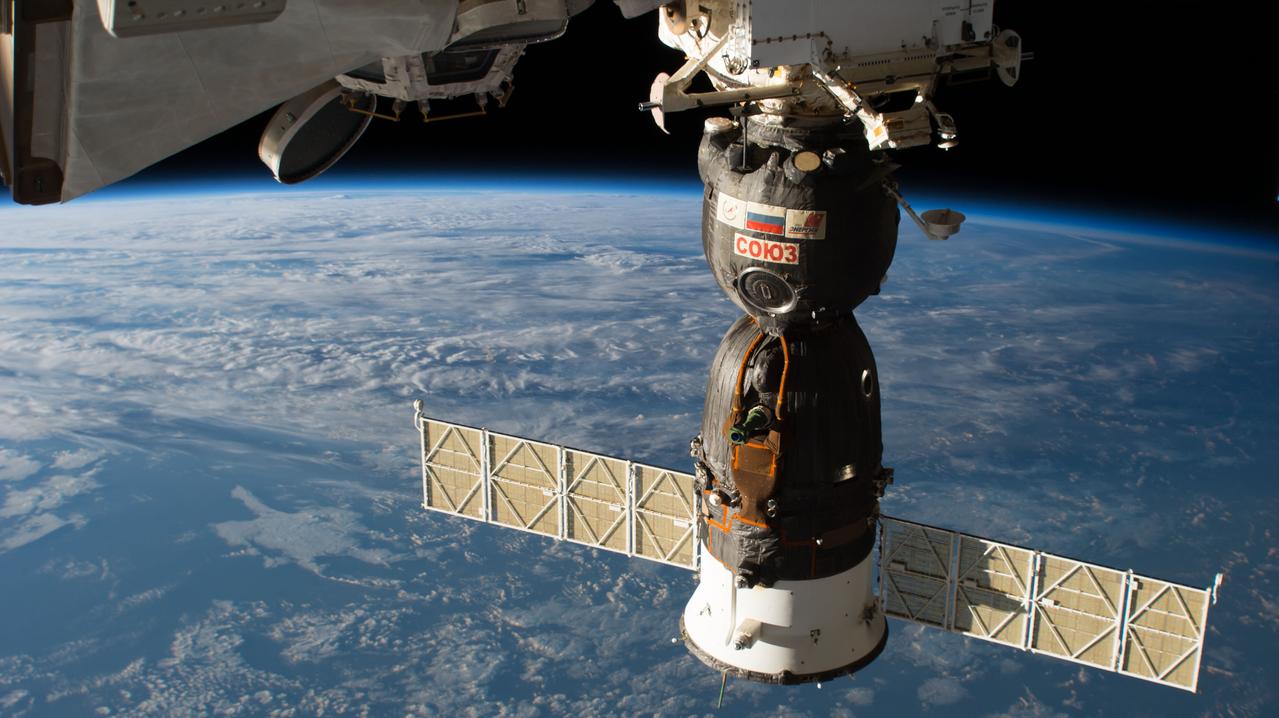 iss056e159412 (Aug. 29, 2018) --- The Soyuz MS-09 spacecraft is pictured docked to the Rassvet module on the Russian segment of the International Space Station as the orbital complex was flying 253 miles above the North Pacific Ocean south of Alaska's Aleutian Islands.