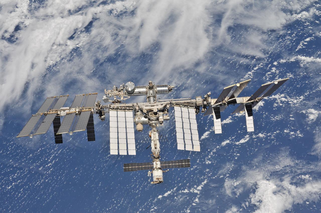 iss056e201046 (Oct. 4, 2018) --- The International Space Station photographed by Expedition 56 crew members from a Soyuz spacecraft after undocking. NASA astronauts Andrew Feustel and Ricky Arnold and Roscosmos cosmonaut Oleg Artemyev executed a fly around of the orbiting laboratory to take pictures of the station before returning home after spending 197 days in space. The station will celebrate the 20th anniversary of the launch of the first element Zarya in November 2018. Credit: NASA/Roscosmos