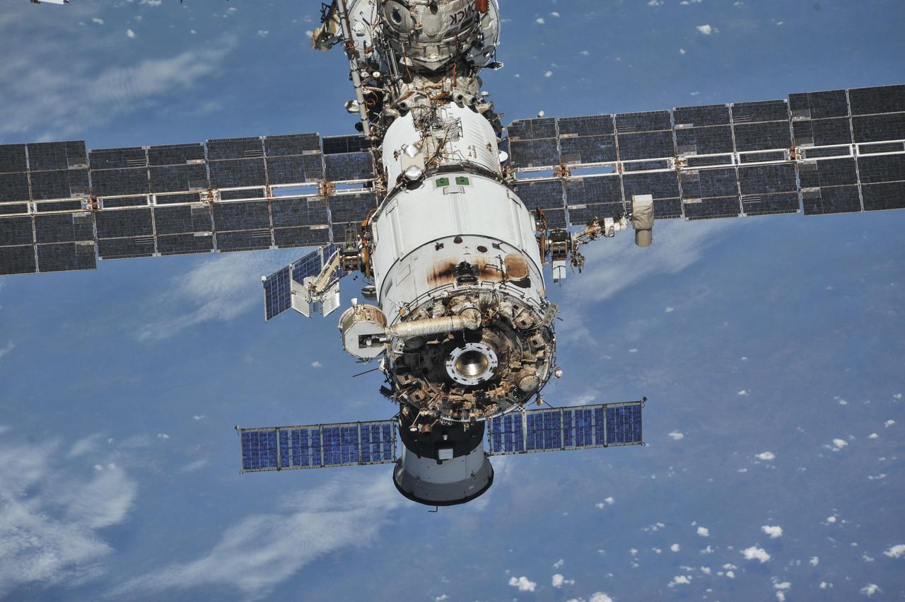 iss056e201385 (Oct. 4, 2018) --- The International Space Station photographed by Expedition 56 crew members from a Soyuz spacecraft after undocking. NASA astronauts Andrew Feustel and Ricky Arnold and Roscosmos cosmonaut Oleg Artemyev executed a fly around of the orbiting laboratory to take pictures of the station before returning home after spending 197 days in space. The station will celebrate the 20th anniversary of the launch of the first element Zarya in November 2018. Credit: NASA/Roscosmos