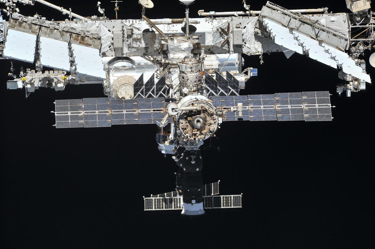 iss056e201388 (Oct. 4, 2018) --- The International Space Station photographed by Expedition 56 crew members from a Soyuz spacecraft after undocking. NASA astronauts Andrew Feustel and Ricky Arnold and Roscosmos cosmonaut Oleg Artemyev executed a fly around of the orbiting laboratory to take pictures of the station before returning home after spending 197 days in space. The station will celebrate the 20th anniversary of the launch of the first element Zarya in November 2018. Credit: NASA/Roscosmos