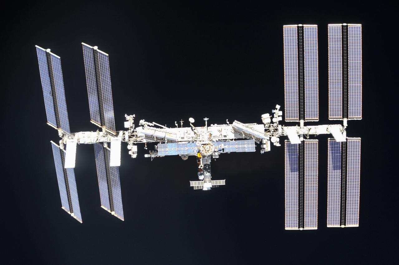 iss056e201403 (Oct. 4, 2018) --- The International Space Station photographed by Expedition 56 crew members from a Soyuz spacecraft after undocking. NASA astronauts Andrew Feustel and Ricky Arnold and Roscosmos cosmonaut Oleg Artemyev executed a fly around of the orbiting laboratory to take pictures of the station before returning home after spending 197 days in space. The station will celebrate the 20th anniversary of the launch of the first element Zarya in November 2018. Credit: NASA/Roscosmos