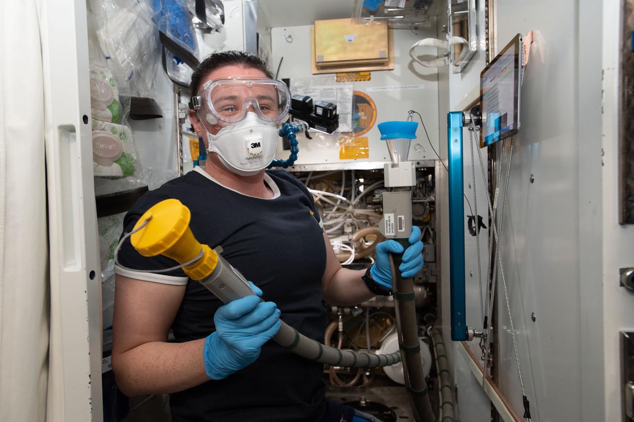 iss057e088317 (Nov. 13, 2018) --- NASA astronaut Serena Auñón-Chancellor performs plumbing duties inside the International Space Station's toilet, also known as the Waste and Hygiene Compartment, located in the U.S. Tranquility module.