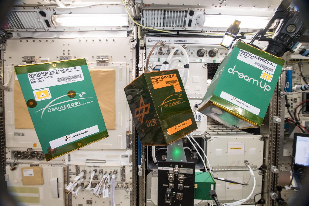 iss057e105661 (11/21/2018) --- A view of (ARISE) - NanoRacks Module-75, the Pump Application using Pulsed Electromagnets for Liquid reLocation (PAPELL) - NanoRacks Module-76 and the Experimental Chondrule Formation at the International Space Station (EXCISS) - NanoRacks Module-77 experiments shown in the Japanese Experiment Module (Kibo).