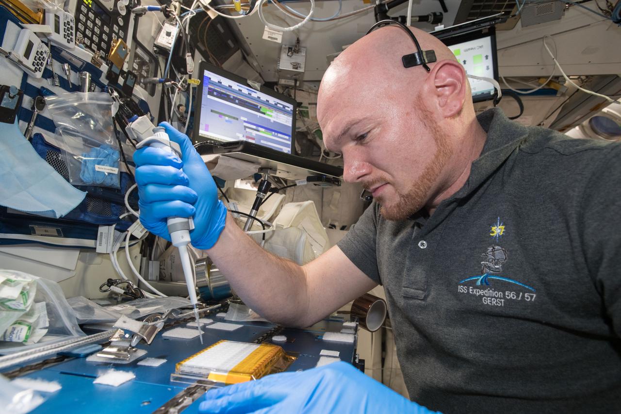 iss057e106231 (Nov. 26, 2018) --- European Space Agency (ESA) asrtonaut Alexander Gerst uses a uses a pipette to transfer a protein solution into the Protein Crystal Growth Card for an experiment observing protein crystals associated with Parkinson’s disease to potentially improve treatments on Earth. Crystallization of LRRK2 Under Microgravity Conditions-2 (CASIS PCG 16) evaluates growth of Leucine-rich repeat kinase 2 (LRRK2) protein crystals in microgravity. LRRK2 is implicated in Parkinson’s disease, but crystals of the protein grown on Earth are too small and compact to study. Detailed analysis of larger, space-grown crystals can define the protein’s exact shape and morphology and help scientists better understand the disease’s pathology.