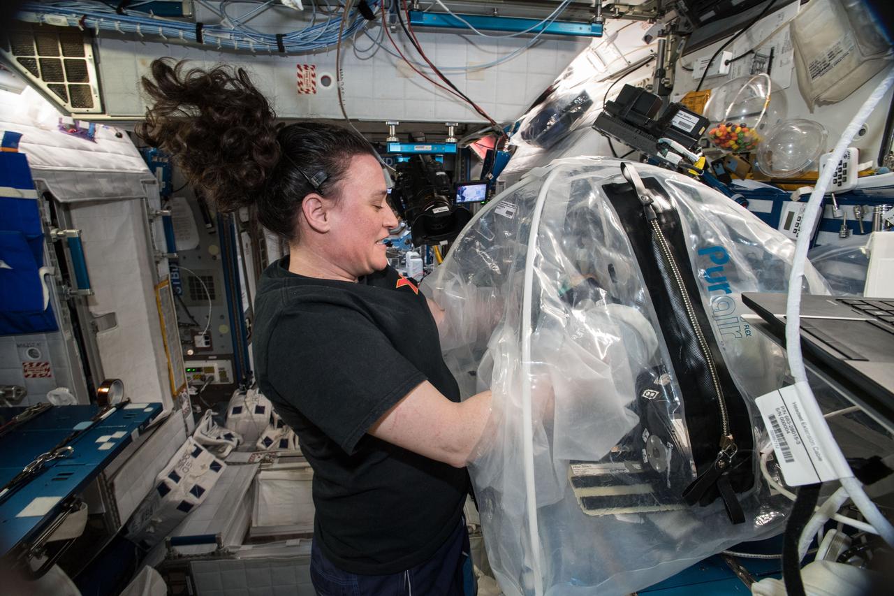 iss057e106244 (Nov. 27, 2018) --- NASA astronaut Serena Auñón-Chancellor mixes samples for the Microgravity Investigation of Cement Solidification (MICS) experiment and installs them into the Multi-use Variable-g Platform. The research utilizes the microgravity environment aboard the International Space Station to investigate the complex process of cement solidification. Results may impact possible construction processes and designs for space habitats on the surface of the Moon and Mars.