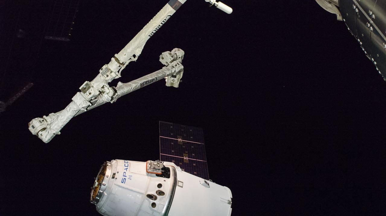 iss057e115434 (Dec. 8, 2018) --- The Canadarm2 robotic arm, operated by astronauts Alexander Gerst and Serena Auñón-Chancellor, slowly reaches out to grapple the SpaceX Dragon cargo craft. Dragon, packed with over 5,600 pounds of cargo, completed a three-day trip to the International Space Station that began with a launch from Cape Canaveral Air Force Station in Florida and ended with its installation and hatch opening on the Harmony module..