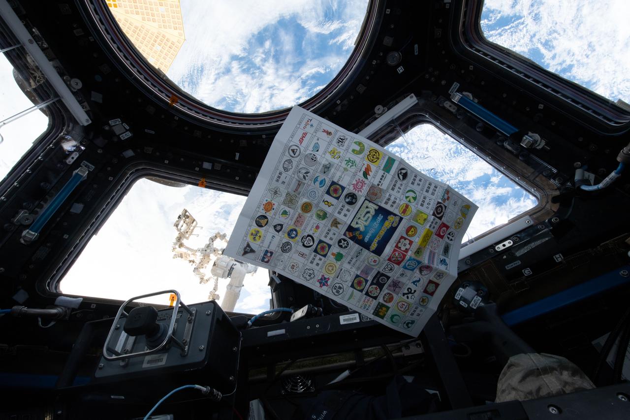iss057e122120 ( 12/10/2018) --- A view of items from the NanoRacks-Lagrange investigation floating in front of the  windows in the Cupola module aboard the International Space Station (ISS). NanoRacks-Lagrange seeks to increase interest in space. For this investigation, student photos and printed logos sheets are launched to the International Space Station (ISS) with a message card. Additionally, plant seeds are flown to the ISS. The students plant the seeds once they return to Earth and compare them to plants grown from regular seeds. Students are able to touch and feel close to space through this experiment.
