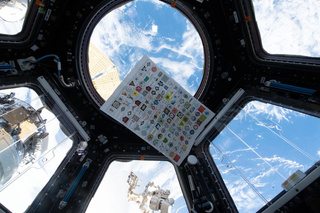 iss057e122134 (12/10/2018) --- A view of items from the NanoRacks-Lagrange investigation floating in front of the  windows in the Cupola module aboard the International Space Station (ISS). NanoRacks-Lagrange seeks to increase interest in space. For this investigation, student photos and printed logos sheets are launched to the International Space Station (ISS) with a message card. Additionally, plant seeds are flown to the ISS. The students plant the seeds once they return to Earth and compare them to plants grown from regular seeds. Students are able to touch and feel close to space through this experiment.