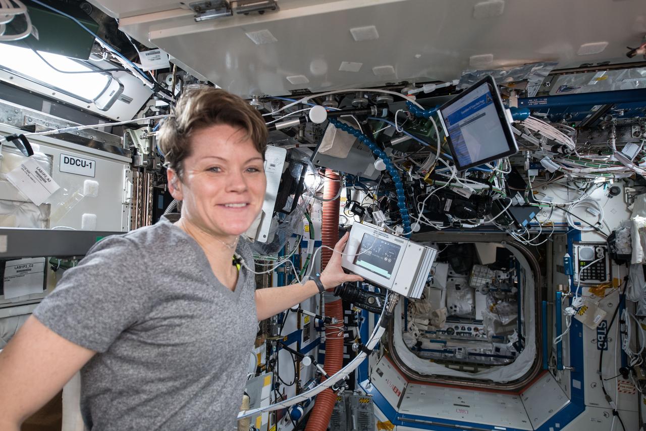 iss057e132459 (Dec. 7, 2018) --- NASA astronaut Anne McClain is pictured exercising aboard the International Space Station inside the U.S. Destiny laboratory module.