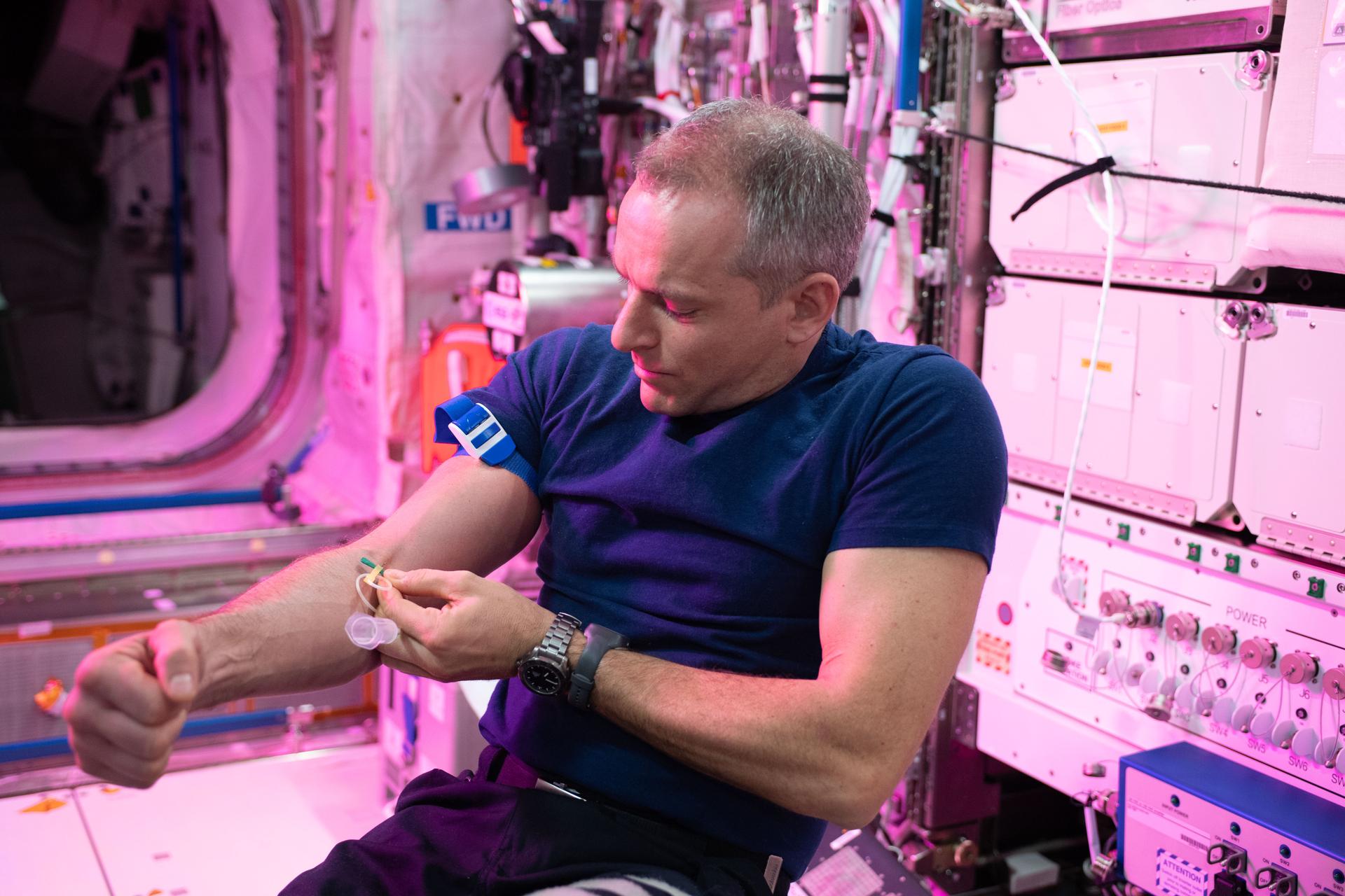 iss057e134327 (December 14, 2018) --- Expedition 57 Flight Engineer David Saint-Jacques conducts generic blood collection operations (OPS) in the Columbus European Laboratory.