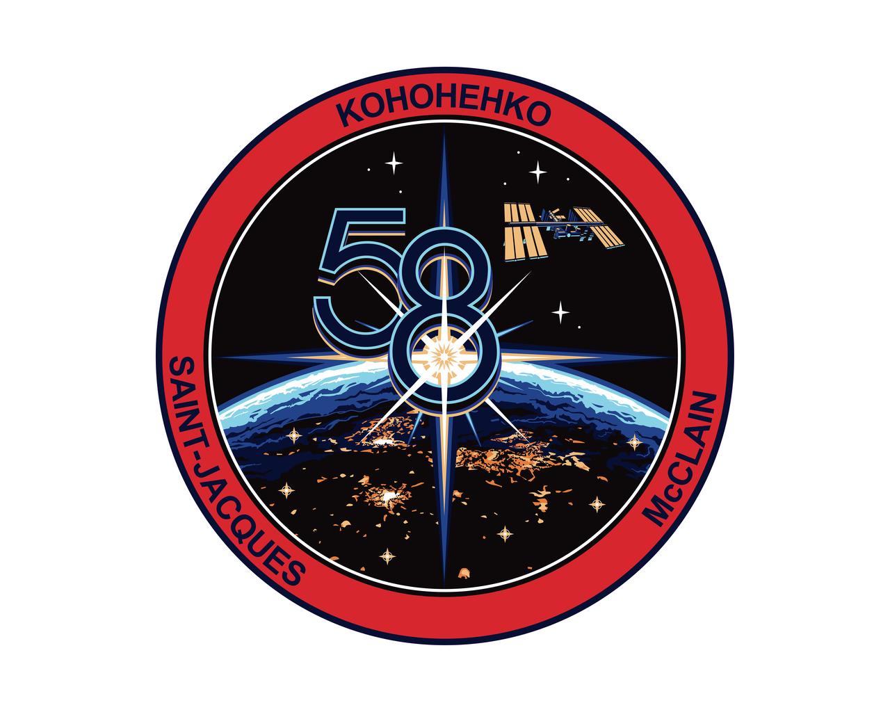 iss058-s-001b (Nov. 27, 2018) --- The official insignia for the three-member Expedition 58 crew with Anne McClain of NASA, Oleg Kononenko of Roscosmos and David Saint-Jacques of the Canadian Space Agency.