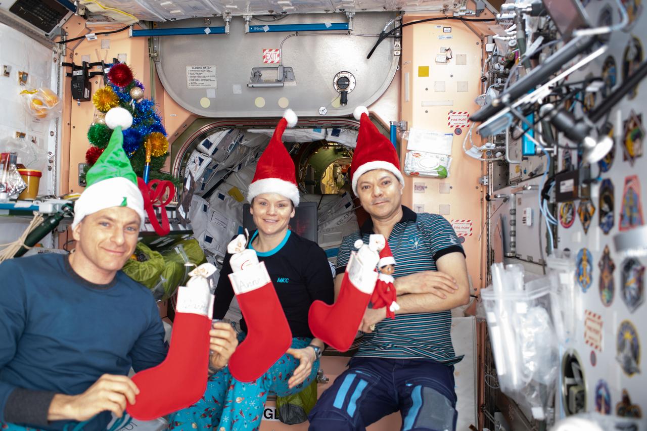 iss058e000835 (Dec. 25, 2019) --- Expedition 58 Flight Engineers (from left) David Saint-Jacques of the Canadian Space Agency (CXSA) and Anne McClain of NASA, with Commander Oleg Kononenko of Roscosmos are pictured in a festive mood opening their stockings on Christmas day inside the International Space Station's Unity module.