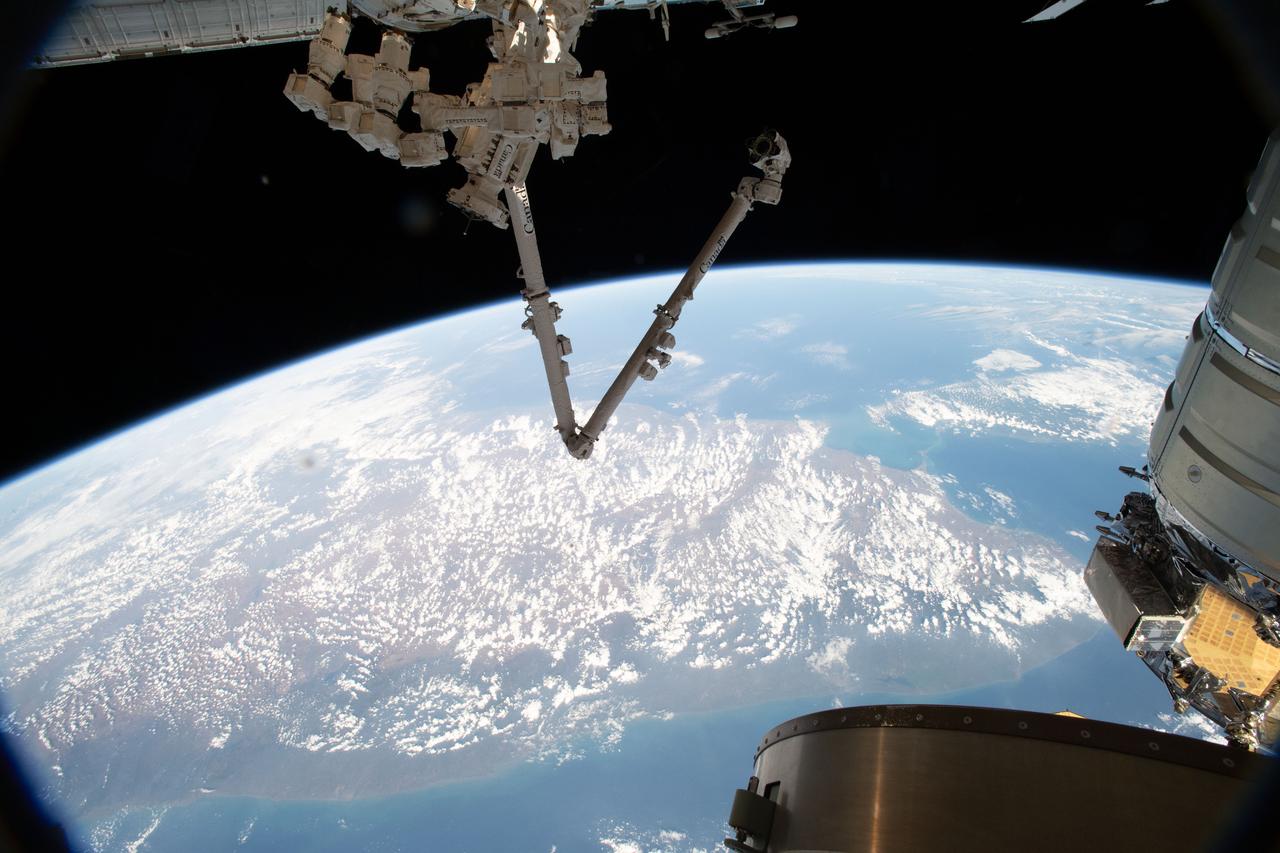 iss058e005961 (Jan. 26, 2019) --- The International Space Station's Canadarm2 robotic arm and its Dextre robotic hand are seen as the orbital complex flew 252 miles above the Arabian Sea off the coast of India.