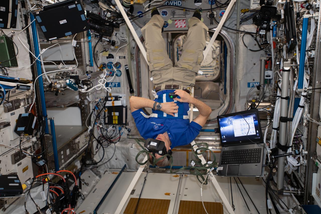 iss058e026473 (2/27/2019) --- Canadian Space Agency (CSA) astronaut David Saint-Jacques is shown in the Columbus module aboard the International Space Station (ISS) during the Vection experiment. The objective of The Effect of Long Duration Hypogravity on the Perception of Self-Motion (VECTION) study is to determine to what extent an astronaut's ability to visually interpret motion, orientation, and distance may be disrupted in a microgravity environment, and how it may adapt, and how it may be changed upon return to Earth. Multiple experimental time points inflight and upon return to Earth allows for the adaptation and recovery process to be investigated.