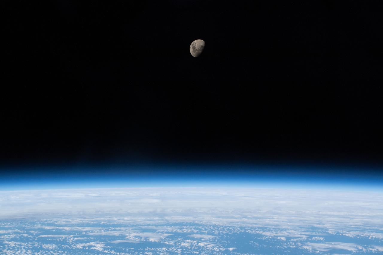 iss059e000462 (March 16, 2019) --- The waxing gibbous moon is pictured above Earth's limb as the International Space Station was orbiting 266 miles above the South Atlantic Ocean.