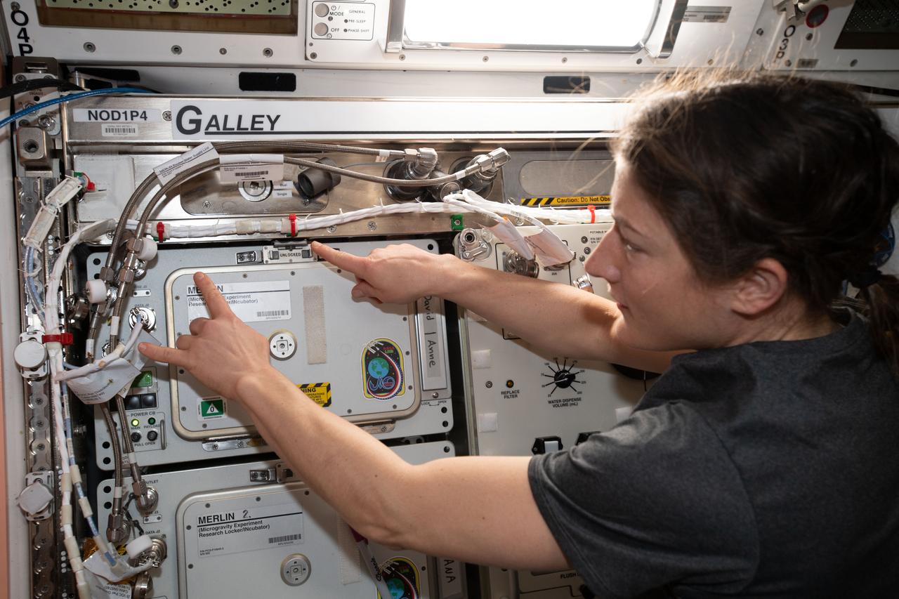 iss059e000538 (March 18, 2019) --- NASA astronaut and Expedition 59 Flight Engineer Christina Koch familiarizes herself with International Space Station hardware inside the Unity module.