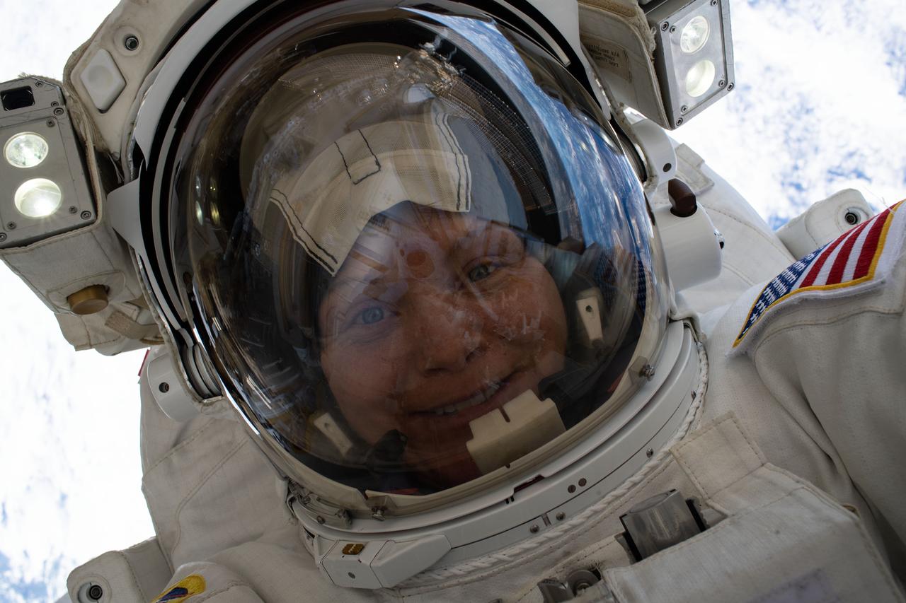 iss059e002821 (March 22, 2019) --- NASA astronaut Anne McClain takes a "space-selfie" with her helmet visor up 260 miles above the Earth's surface during a six-hour, 39-minute spacewalk to upgrade the orbital complex's power storage capacity.