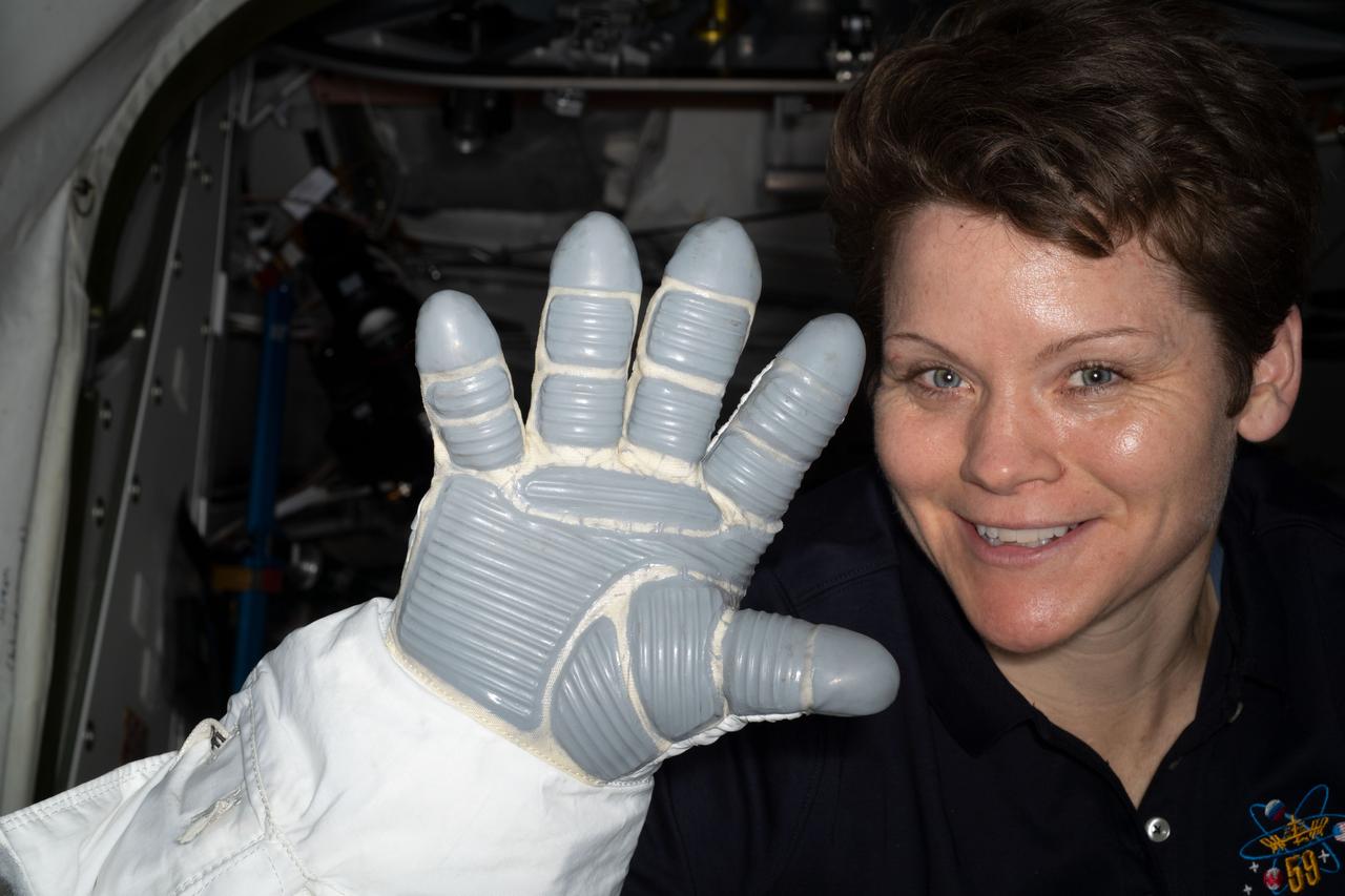 iss059e005614 (Match 29, 2019) -- NASA astronaut Anne McClain displays a spacesuit glove that is part of an Extravehicular Mobility Unit, or spacesuit, worn during spacewalks staged from the U.S. Quest joint airlock. A U.S. spacesuit glove consists of several layers for extra thermal protection and comfort. Thermofoil heaters are also attached inside each of the fingertips in one of the layers of the glove.