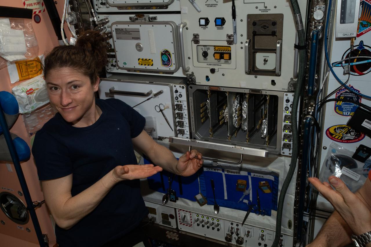 iss059e006478 (March 31, 2019) --- NASA astronaut Christina Koch anticipates the personal-size pizzas being cooked aboard the International Space Station's galley.