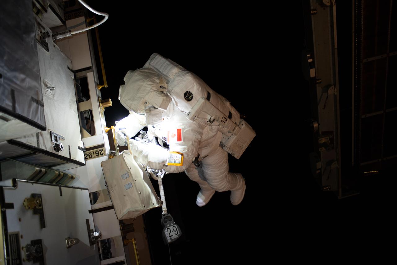 iss059e016830 (April 8, 2019) --- Expedition 59 Flight Engineer David Saint-Jacques of the Canadian Space Agency is seen working to relocate a battery adapter plate outside the International Space Station. In a six and a half hour spacewalk, Saint-Jacques and NASA astronaut Anne McClain successfully established a redundant path of power to the Canadian-built robotic arm, known as Canadarm2, and installed cables to provide for more expansive wireless communications coverage outside the orbital complex, as well as for enhanced hardwired computer network capability. The duo also relocated an adapter plate from the first spacewalk in preparation for future battery upgrade operations.
