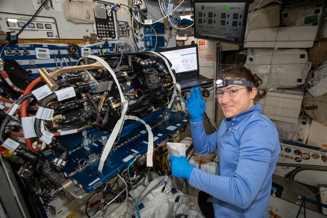 iss059e017072 (April 9, 2018) --- NASA astronaut and Expedition 59 Flight Engineer Christina Koch works on the Unity module's Maintenance Work Area where the Advanced Combustion via Microgravity Experiments (ACME) Chamber Insert was attached for hardware replacement. ACME is a set of five independent studies researching improved fuel efficiency and reduced pollutant production in practical combustion on Earth, as well as spacecraft fire prevention through innovative research focused on materials flammability.