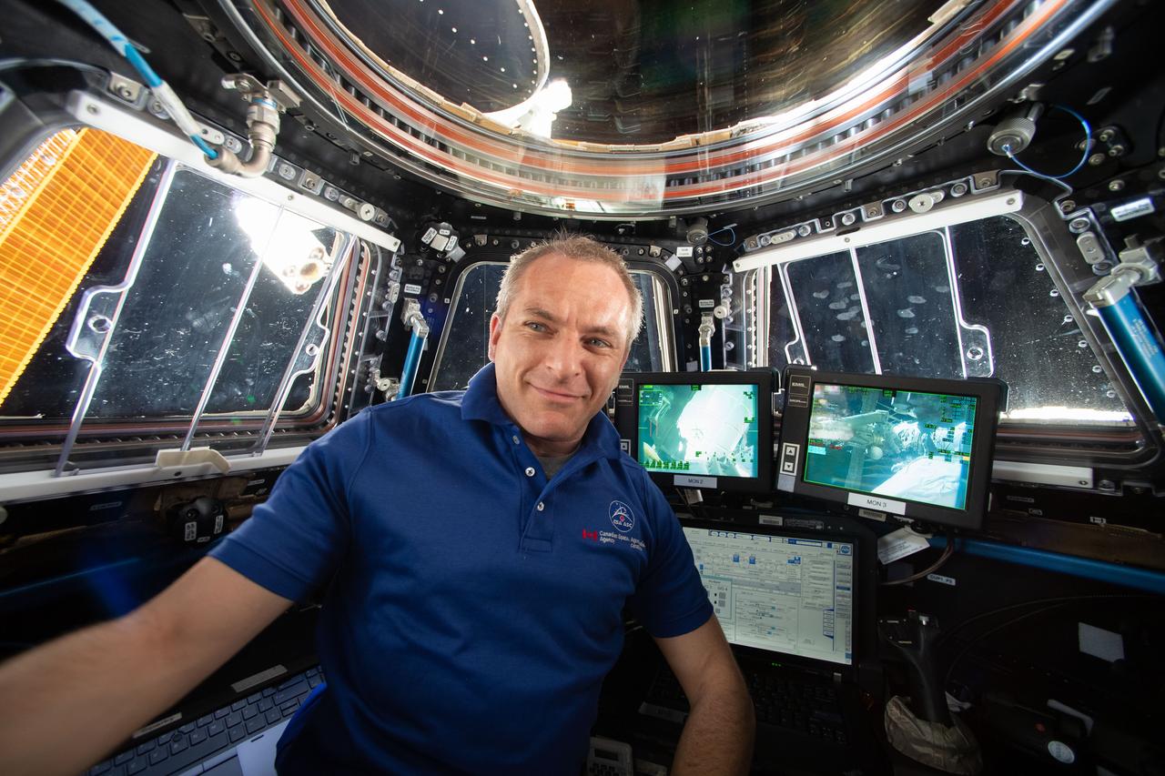 iss059e021395 (Aprill 16, 2019) --- Canadian Space Agency astronaut David Saint-Jacques takes a break for a portrait inside the cupola while practicing Canadarm2 robotics maneuvers and Cygnus spacecraft capture techniques.