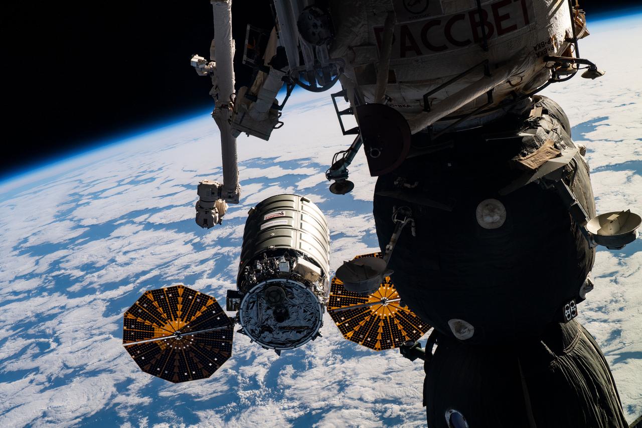 iss059e025269 (April 19, 2019) --- The Canadarm2 robotic arm is positioned to grapple the Northrop Grumman Cygnus cargo craft as it approaches its capture point  with the International Space Station orbiting 255 miles above the Atlantic Ocean. Highlighting the foreground is the Soyuz MS-12 crew ship docked to the Rassvet module.
