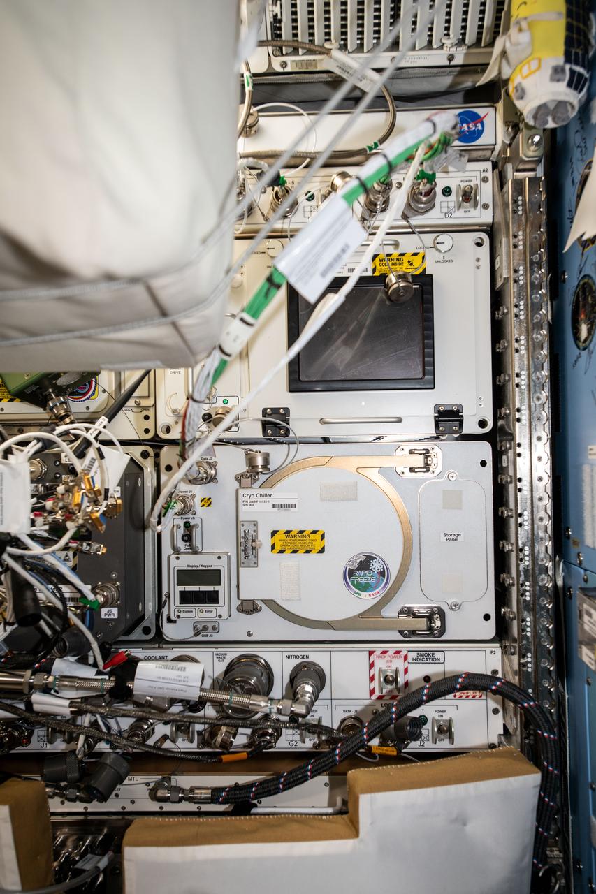 iss059e034458 (4/23/2019) --- A view of the Cryo Chiller Hardware during installation aboard the International Space Station (ISS). Cryo Chiller is a single Expedite the Processing of Experiments to Space Station (EXPRESS) locker replacement unit which provides rapid freezing capability in support of biological sciences, as well as temperature-controlled transfer to/from the International Space Station (ISS) on visiting vehicles.