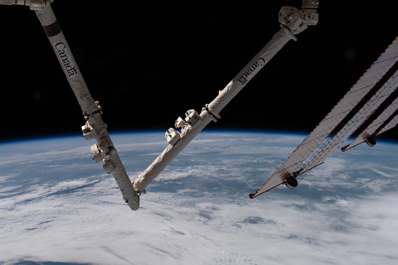 iss059e039713 (May 2, 2019) --- The Earth's limb and portions of the International Space Station's Canadarm2 robotic arm and solar arrays jut into the frame as the orbital complex flew 258 miles above the Great Lakes region of North America.
