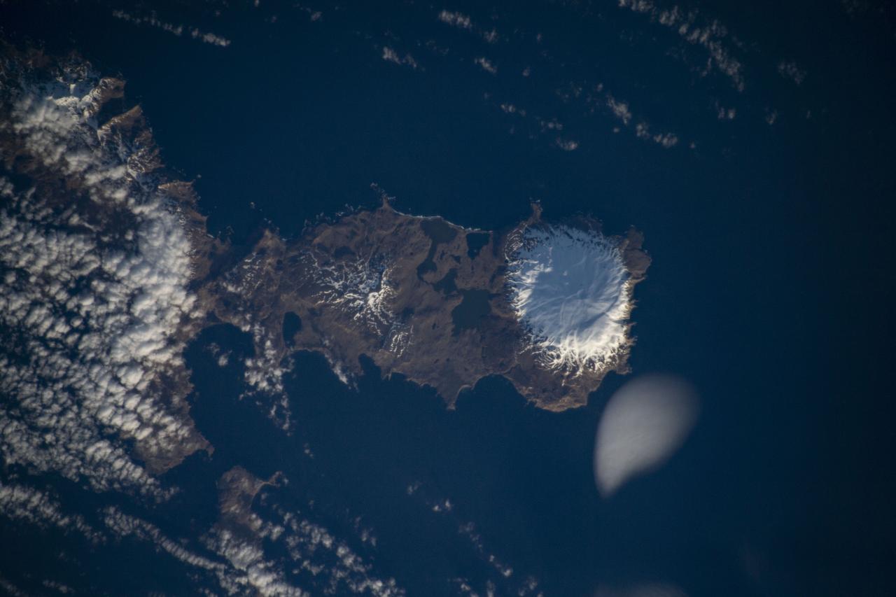 iss059e039843 (May 2, 2019) --- The International Space Station was orbiting 258 miles above the Aleutian Islands when an Expedition 59 crewmember photographed the snow-capped Kiska Volcano on Kiska Island which is part of the Alaska Maritime National Wildlife Refuge.
