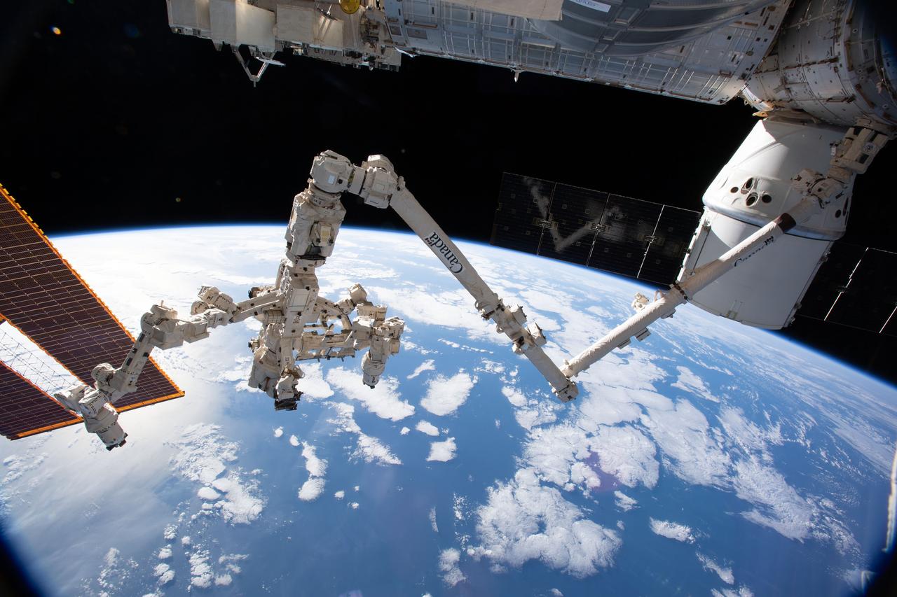 iss059e061425 (May 13, 2019) --- The Canadarm2 robotic arm with its robotic hand, also known as Dextre, attached for fine-tuned robotics work extends across the frame as the International Space Station orbited 256 miles above the Atlantic Ocean. The SpaceX Dragon resupply ship is pictured at right berthed to the Harmony module.
