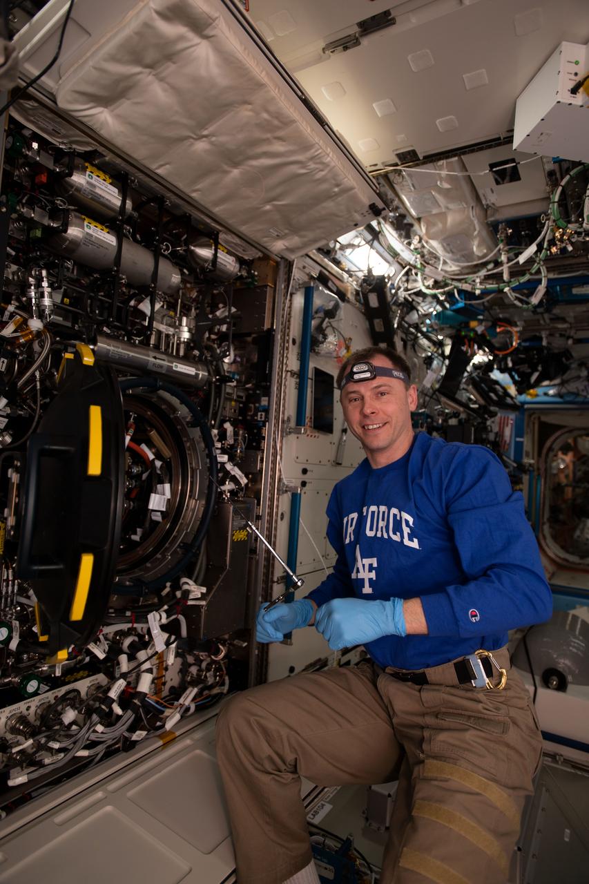 iss059e085880 (May 31, 2019) --- NASA astronaut Nick Hague replaces hardware inside the Combustion Integrated Rack supporting the Advanced Combustion via Microgravity Experiments (ACME). ACME is a set of five independent studies researching improved fuel efficiency and reduced pollutant production in practical combustion on Earth, as well as spacecraft fire prevention through innovative research focused on materials flammability.