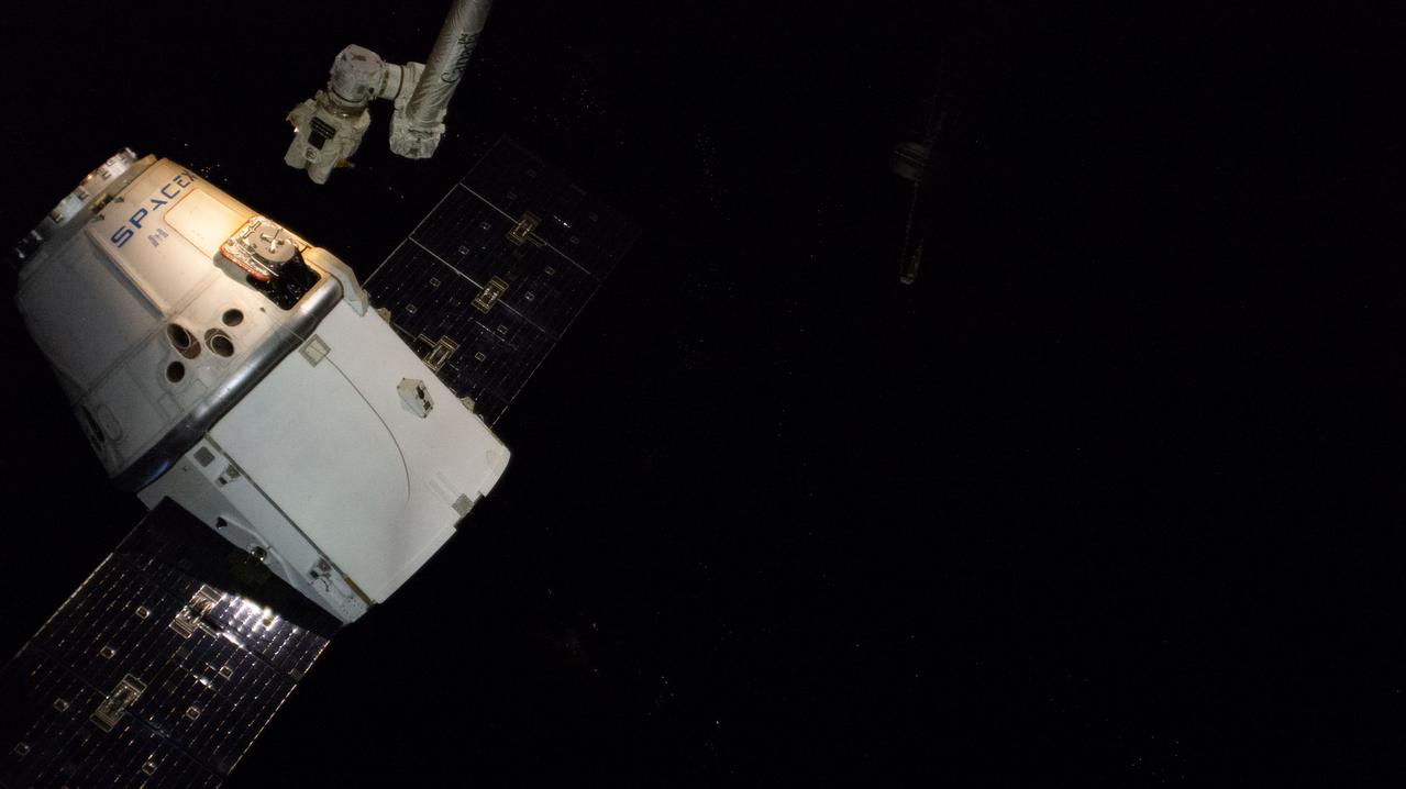 iss059e088882 (June 3, 2019) --- The SpaceX Dragon cargo craft on its 17th contracted mission to resupply mission to the International Space Station is pictured just after being released from the Canadarm2 robotic arm.