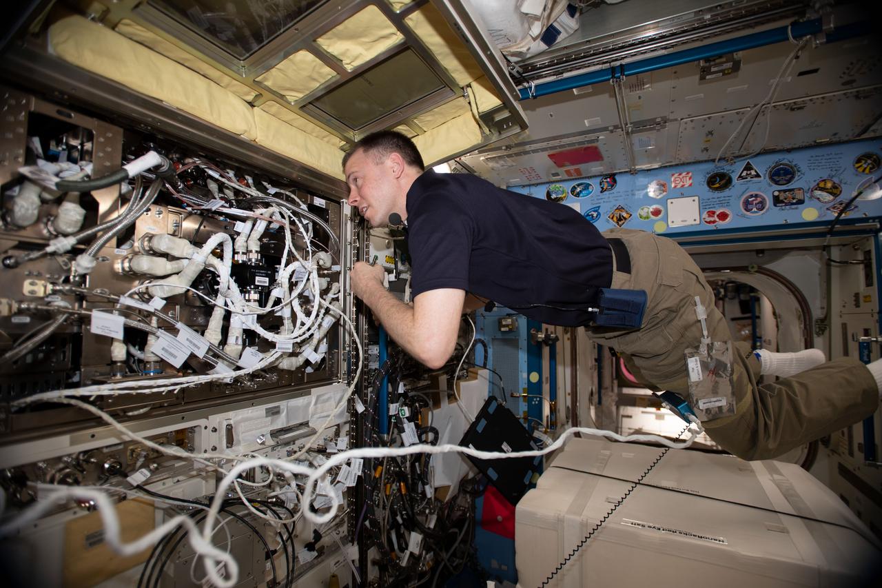 iss059e089298 (June 4, 2019) --- NASA astronaut Nick Hague works inside the Japanese Kibo laboratory module on maintenance activities.