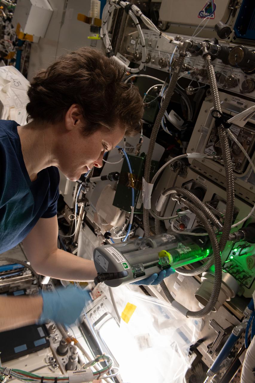 iss059e092376 (6/6/2019) --- NASA astronaut Anne McClain is photographed onboard the International Space Station (ISS) using the Liquid Exchange Device. The documentation was taken during the filling of the Photobioreactor (PBR) with medium and algae to begin the experiment. The Photobioreactor investigation aims at demonstrating that microalgae (i.e. biological processes) can be used together with existing systems to improve recycling of resources, creating a hybrid life support system. This hybrid approach could be helpful in future long-duration exploration missions, as it could reduce the amount of consumables required from Earth.