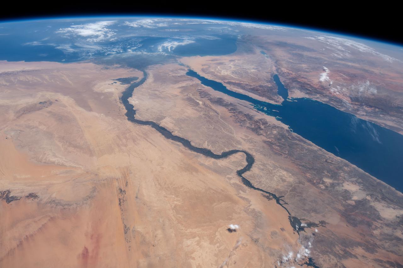 iss059e099177 (June 10, 2019) --- The Nile River, Red Sea and Mediterranean Sea are contrasted by the desert nations of Egypt, Saudi Arabia, Israel and Jordan as the International Space Station orbits 254 miles above Africa.